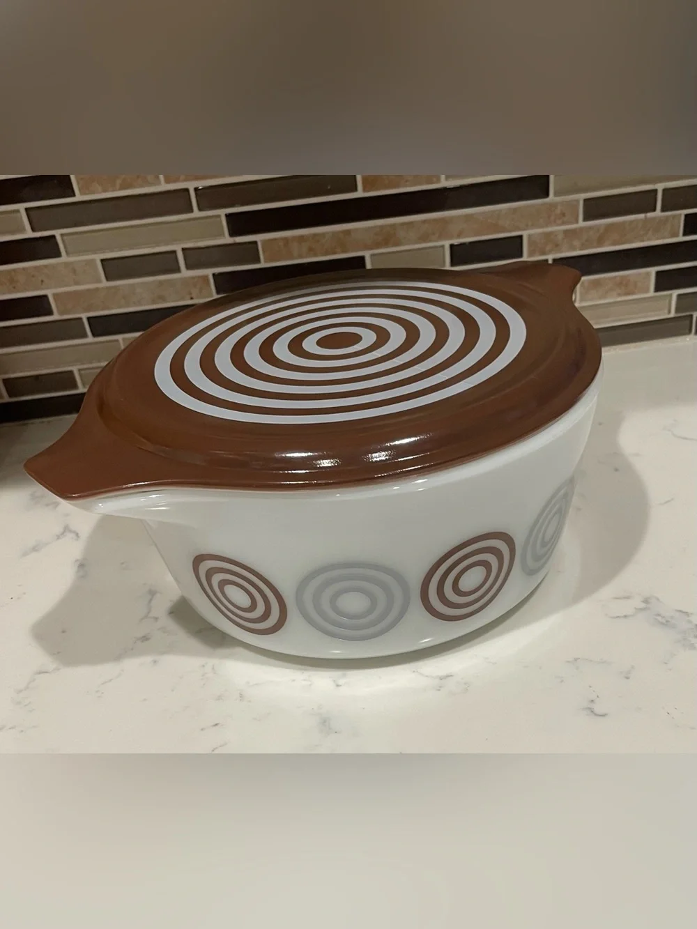 Vintage Salton Cosmopo Pyrex Casserole Dish with Lid Brown Swirl Pattern